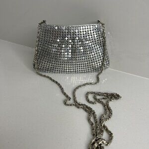 VTG Silver Metal Mesh Mini Purse Zipper Prom Homecoming Crossbody Chain EUC 90’s